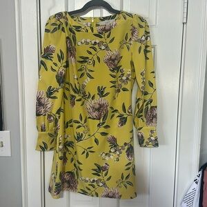 Ann Taylor LOFT Floral Boatneck Long Sleeve Shift Dress Yellow